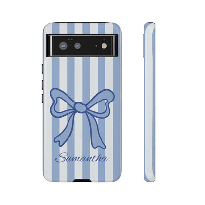 Personalized Coquette Bow Phone Case – Blue Striped Preppy Ribbon Aesthetic