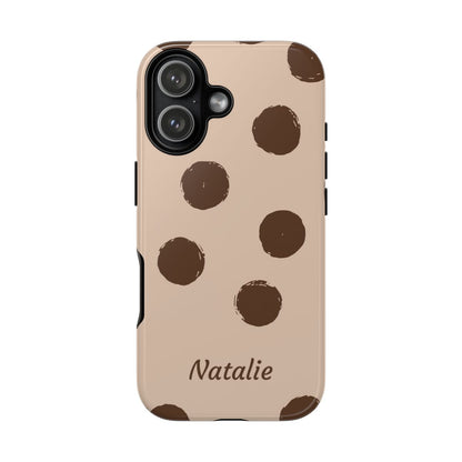 Personalized Brown Polka Dot Phone Case – Custom Name Neutral Boho Aesthetic