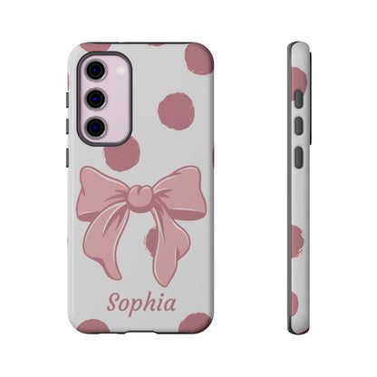 Personalized Pink Polka Dot Bow Phone Case – Custom Name Coquette Aesthetic