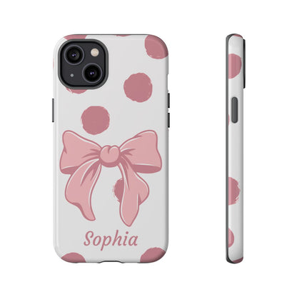 Personalized Pink Polka Dot Bow Phone Case – Custom Name Coquette Aesthetic