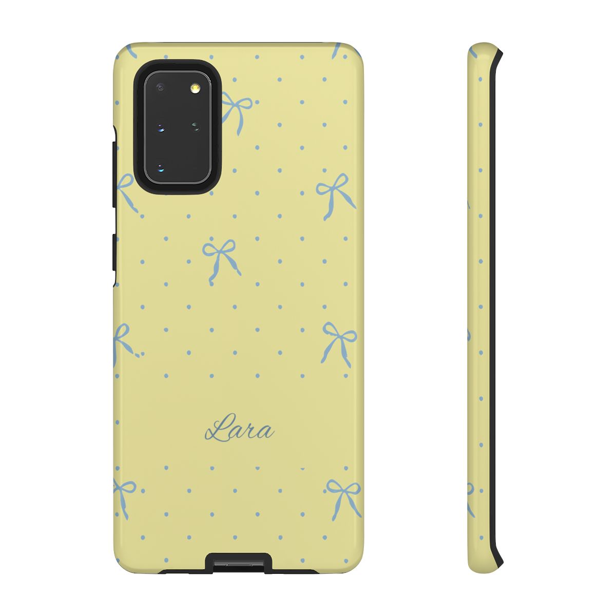 Personalized Yellow Bow Phone Case – Custom Name Blue Polka Dot Aesthetic