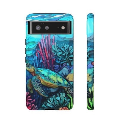 Stained Glass Turtle Phone Case – Coastal Blue Ocean Mosaic Aesthetic