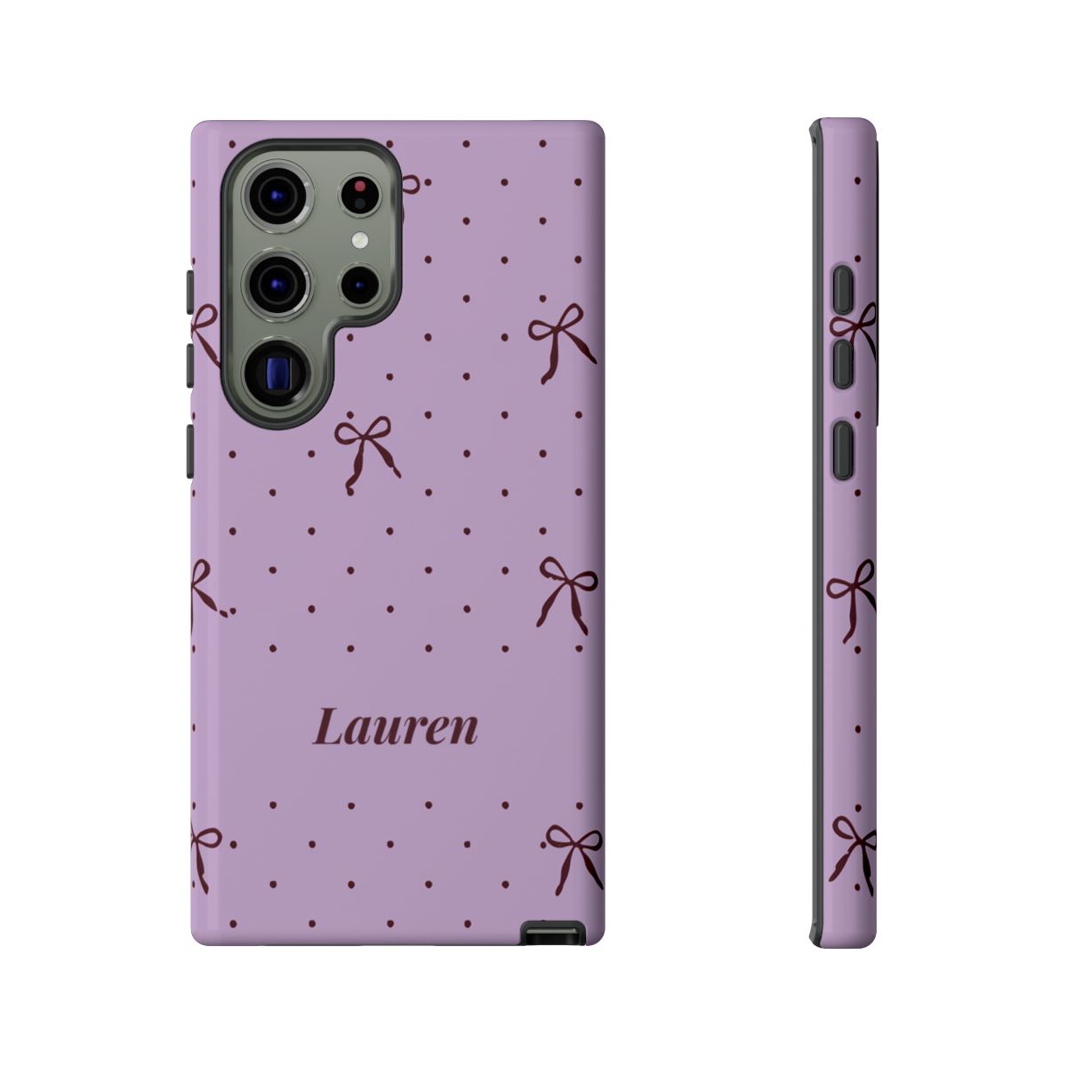 Personalized Lavender Bow Phone Case – Custom Name Polka Dot Coquette Aesthetic