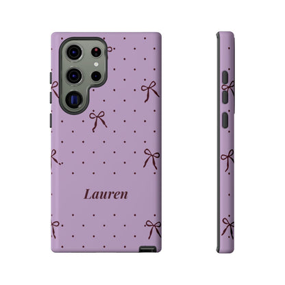 Personalized Lavender Bow Phone Case – Custom Name Polka Dot Coquette Aesthetic