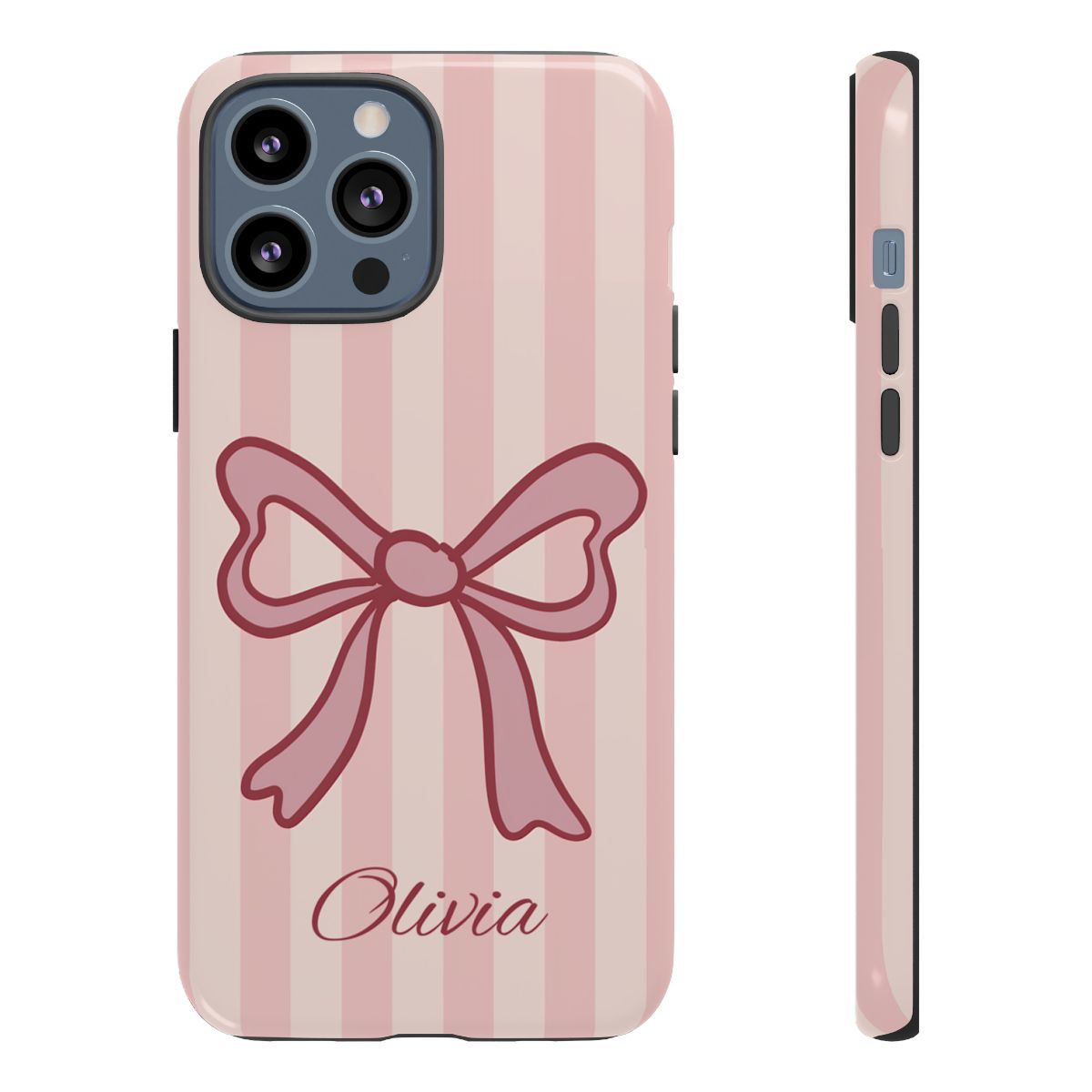 Personalized Pink Bow Phone Case – Soft Pastel Striped Coquette Aesthetic