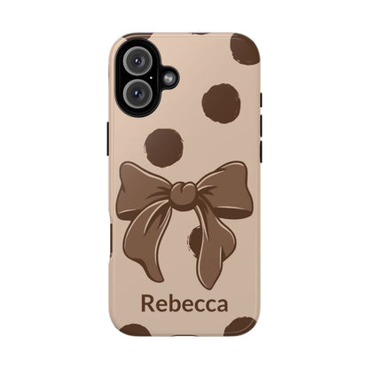 Personalized Brown Polka Dot Bow Phone Case – Custom Name Coquette Retro Aesthetic