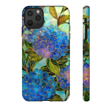 Blue Hydrangea Stained Glass Phone Case - Elegant Floral Mosaic Art