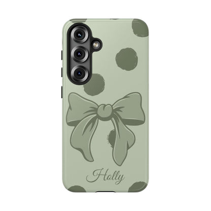 Personalized Sage Green Polka Dot Bow Phone Case – Custom Name Coquette Aesthetic