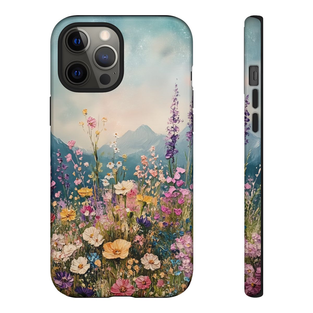 Detailed view of a nature-themed phone case with an artistic painting of a summer meadow and soft morning sky.