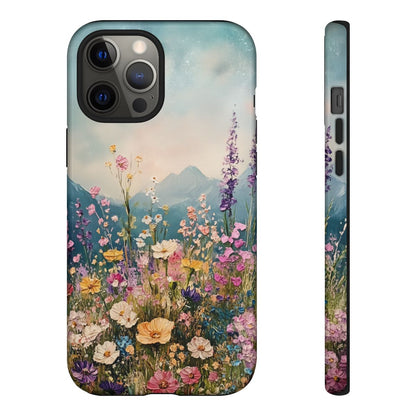 Detailed view of a nature-themed phone case with an artistic painting of a summer meadow and soft morning sky.