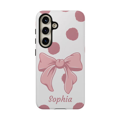 Personalized Pink Polka Dot Bow Phone Case – Custom Name Coquette Aesthetic