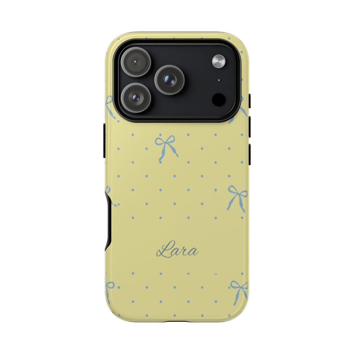 Personalized Yellow Bow Phone Case – Custom Name Blue Polka Dot Aesthetic