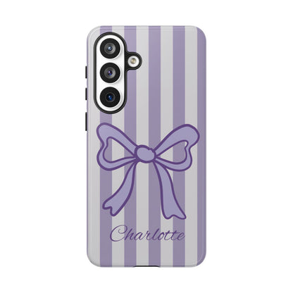 Custom name phone case in a soft lavender palette with a large preppy bow design.