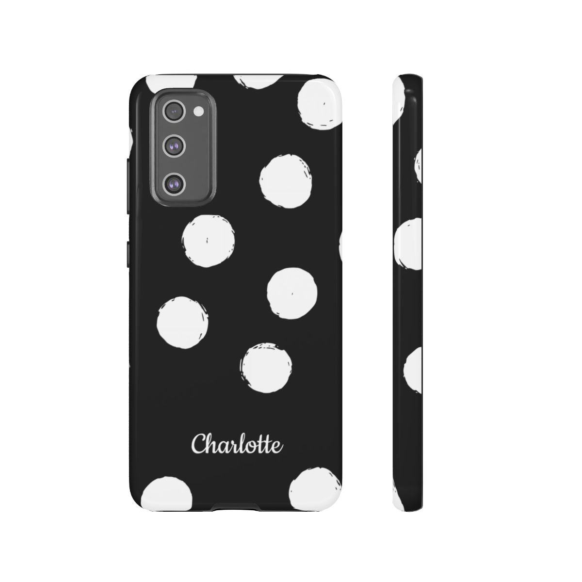 Personalized Black Polka Dot Phone Case – Custom Name Bold Monochrome Aesthetic