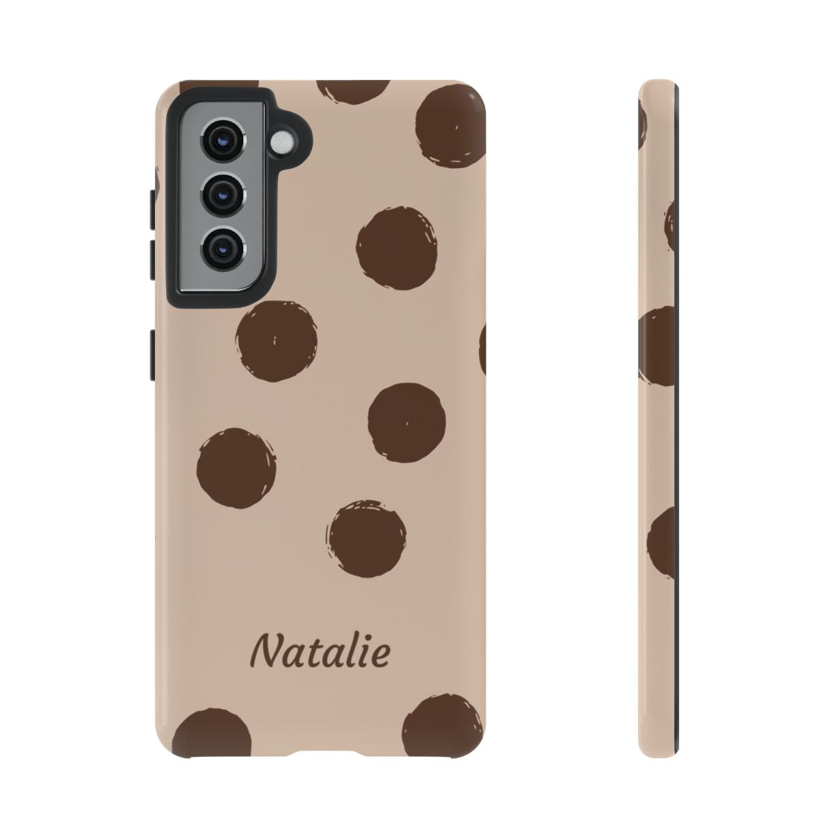 Personalized Brown Polka Dot Phone Case – Custom Name Neutral Boho Aesthetic