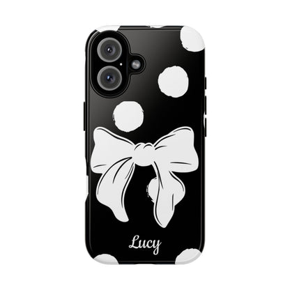 Personalized Black Polka Dot Bow Phone Case – Custom Name Coquette Retro Aesthetic