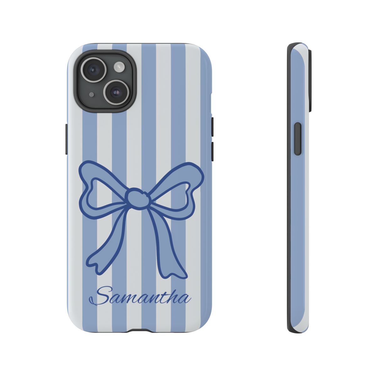 Personalized Coquette Bow Phone Case – Blue Striped Preppy Ribbon Aesthetic