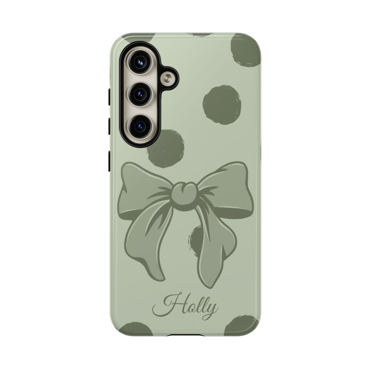 Personalized Sage Green Polka Dot Bow Phone Case – Custom Name Coquette Aesthetic