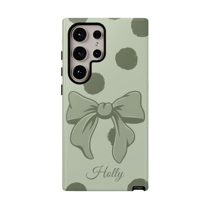 Personalized Sage Green Polka Dot Bow Phone Case – Custom Name Coquette Aesthetic