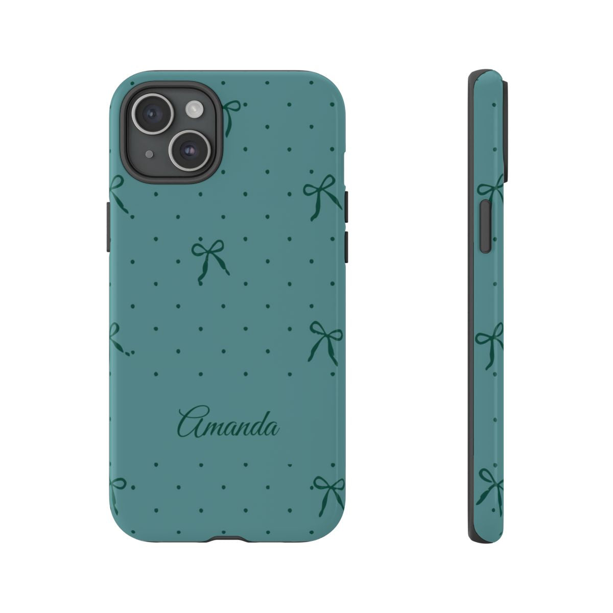 Personalized Teal Bow Phone Case – Custom Name Coquette Polka Dot Aesthetic