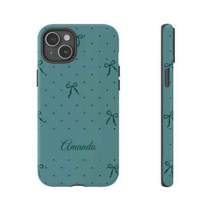 Personalized Teal Bow Phone Case – Custom Name Coquette Polka Dot Aesthetic