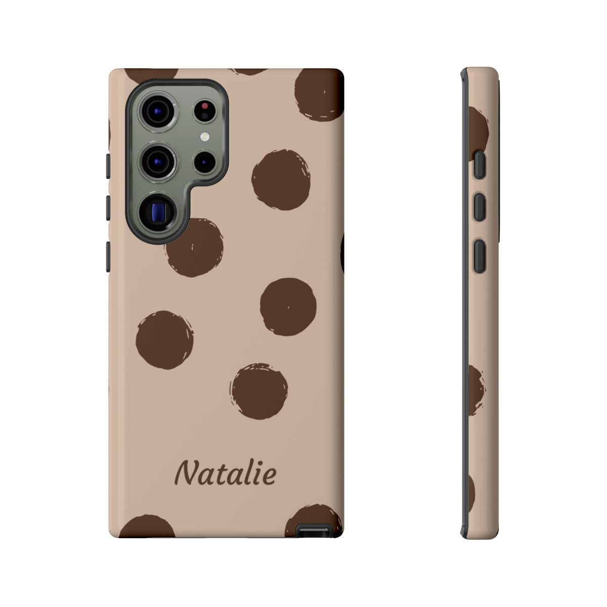 Personalized Brown Polka Dot Phone Case – Custom Name Neutral Boho Aesthetic