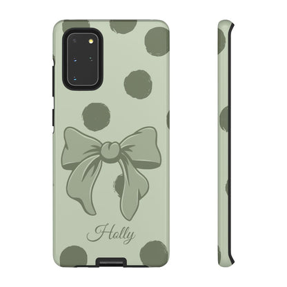 Personalized Sage Green Polka Dot Bow Phone Case – Custom Name Coquette Aesthetic