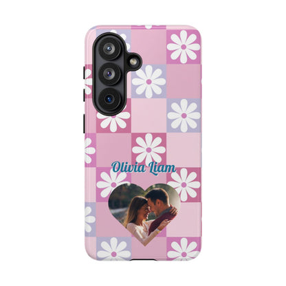 Personalized Pink Floral Checkered Phone Case - Custom Name and Photo