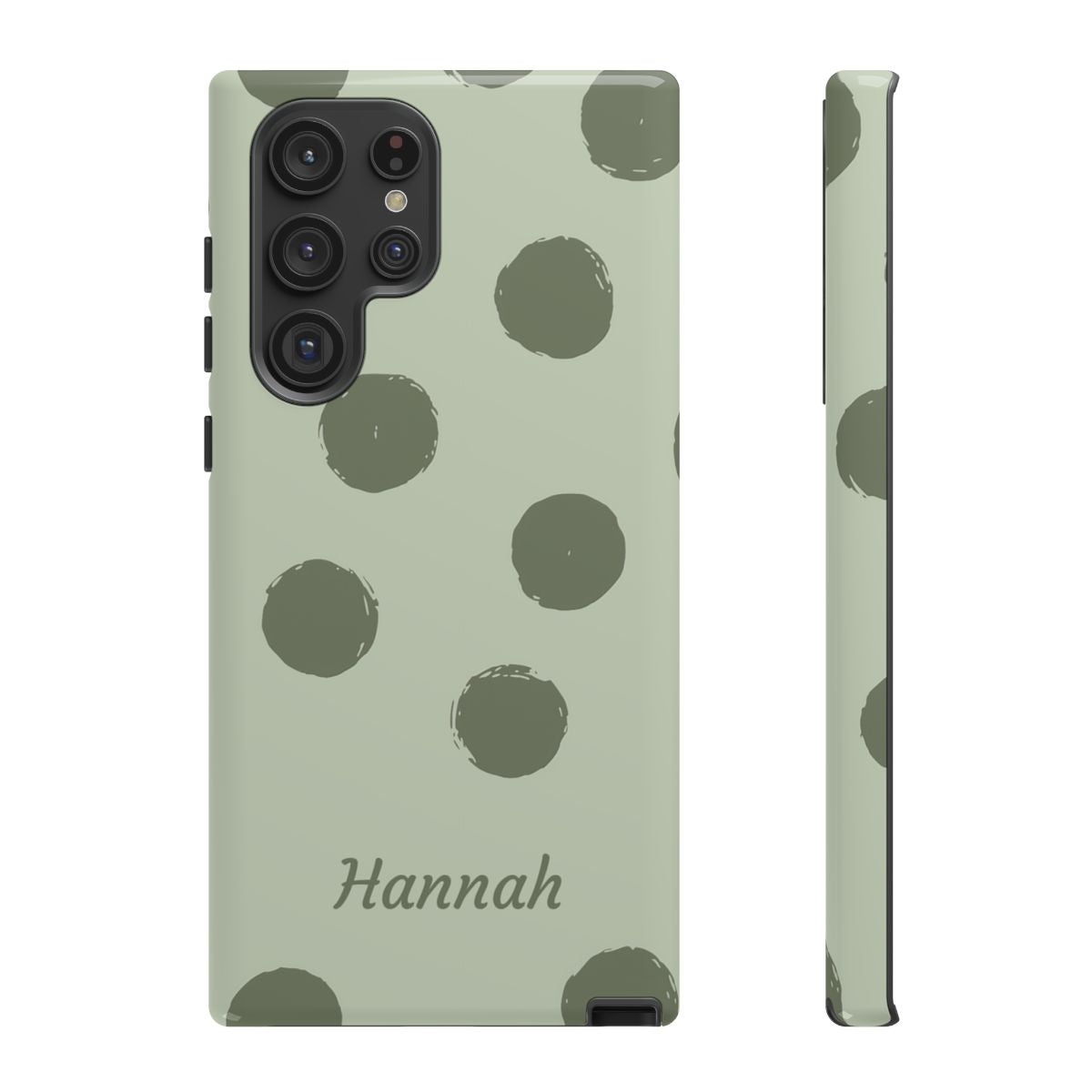 Personalized Sage Green Polka Dot Phone Case – Custom Name Matcha Aesthetic