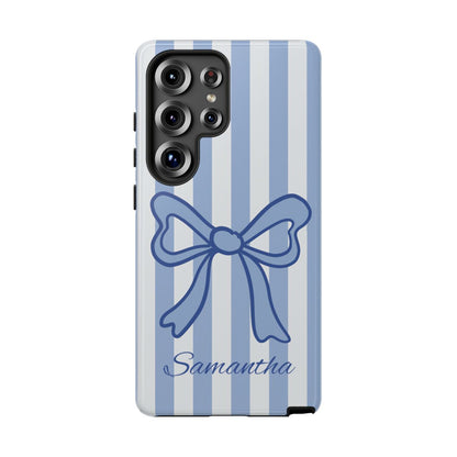 Personalized Coquette Bow Phone Case – Blue Striped Preppy Ribbon Aesthetic
