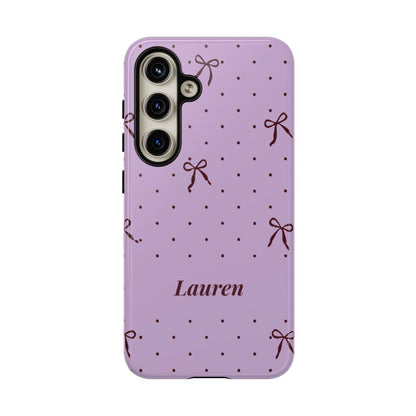 Personalized Lavender Bow Phone Case – Custom Name Polka Dot Coquette Aesthetic