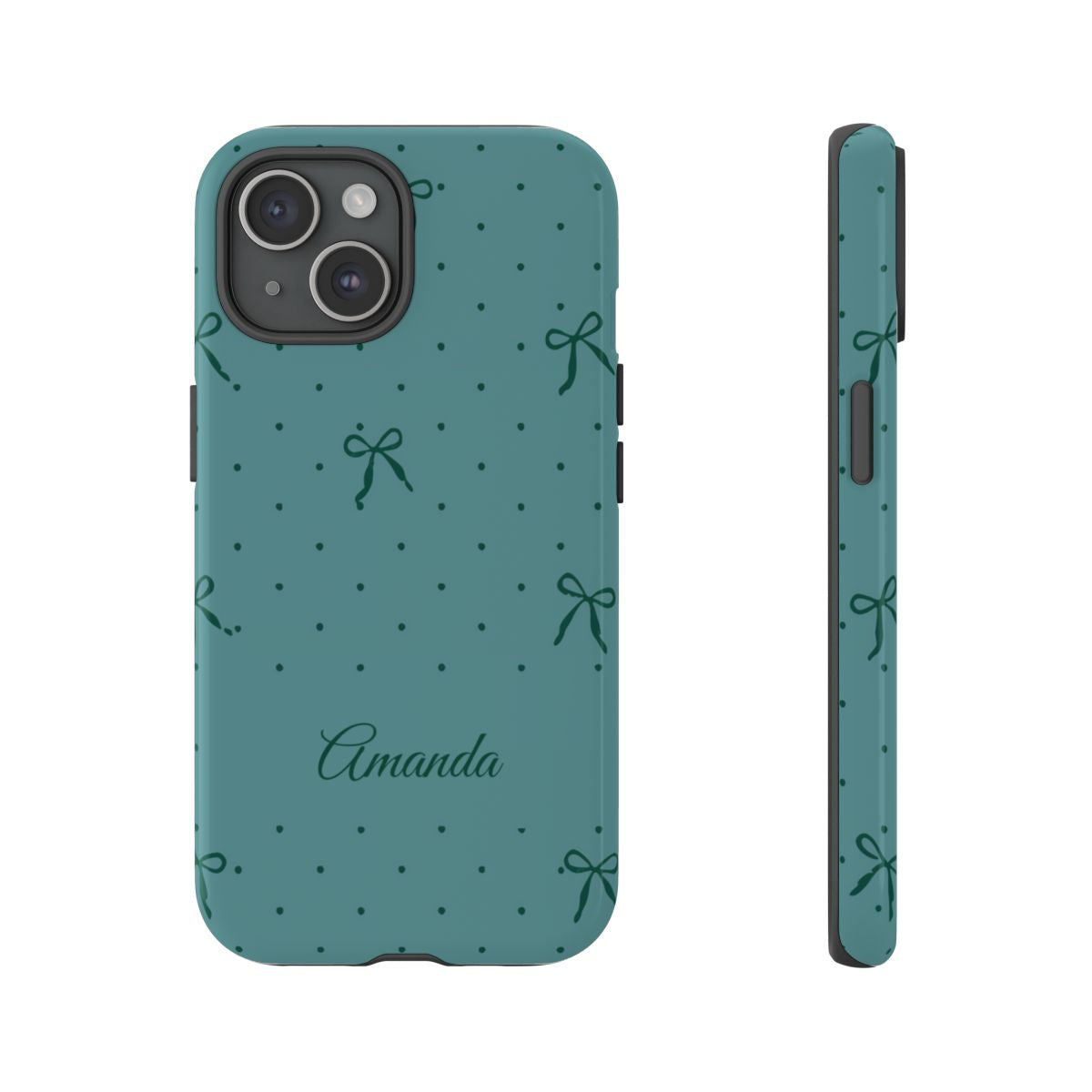 Personalized Teal Bow Phone Case – Custom Name Coquette Polka Dot Aesthetic