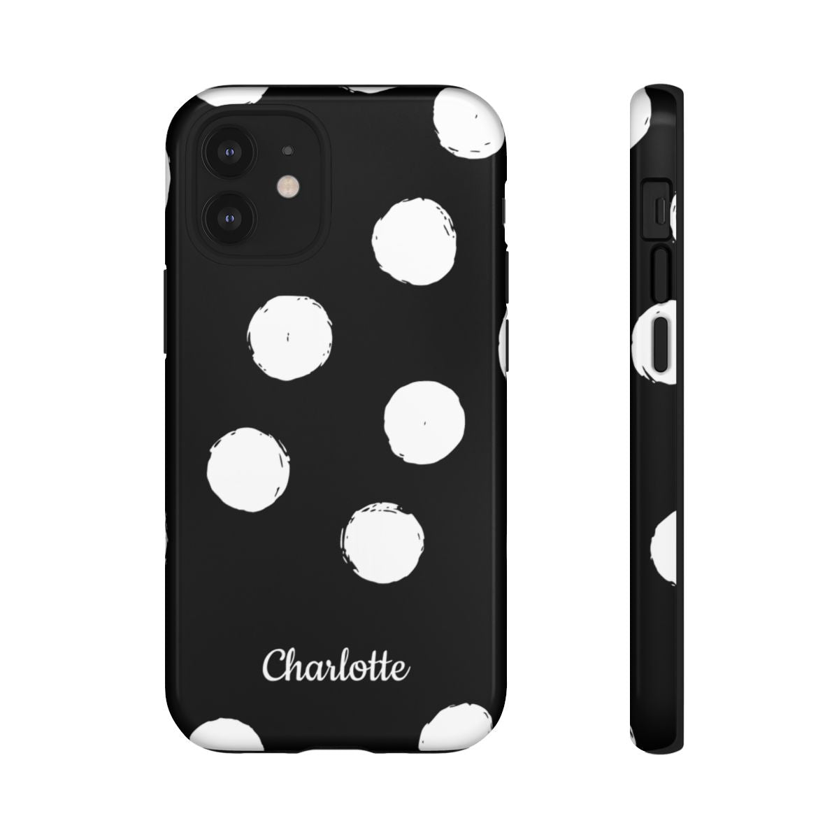 Personalized Black Polka Dot Phone Case – Custom Name Bold Monochrome Aesthetic