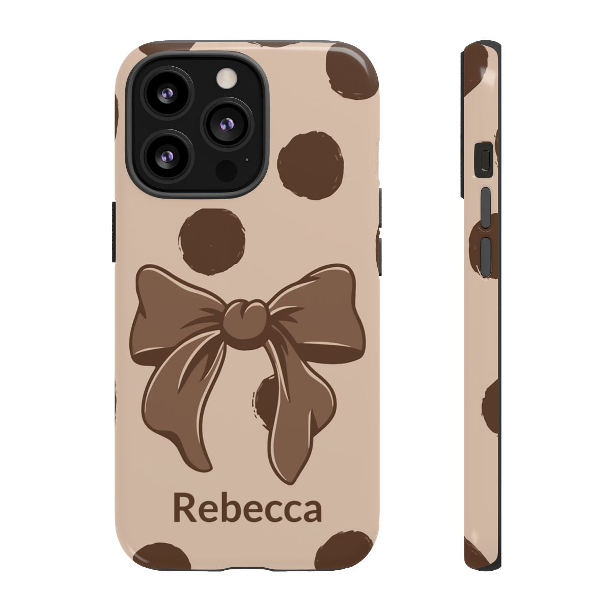 Personalized Brown Polka Dot Bow Phone Case – Custom Name Coquette Retro Aesthetic
