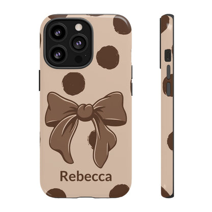 Personalized Brown Polka Dot Bow Phone Case – Custom Name Coquette Retro Aesthetic