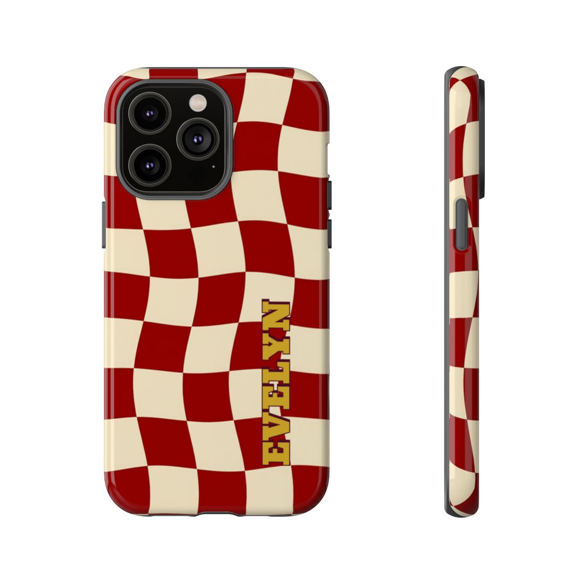 Personalized Burgundy Checkered Phone Case – Custom Name Wavy Retro Aesthetic