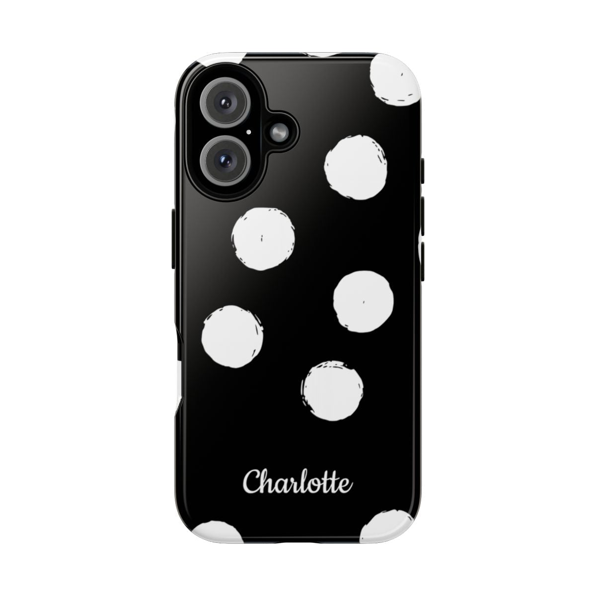 Personalized Black Polka Dot Phone Case – Custom Name Bold Monochrome Aesthetic