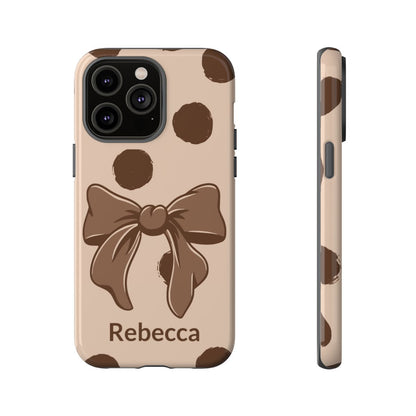 Personalized Brown Polka Dot Bow Phone Case – Custom Name Coquette Retro Aesthetic