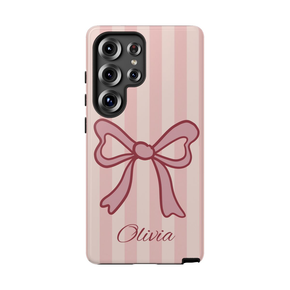 Personalized Pink Bow Phone Case – Soft Pastel Striped Coquette Aesthetic