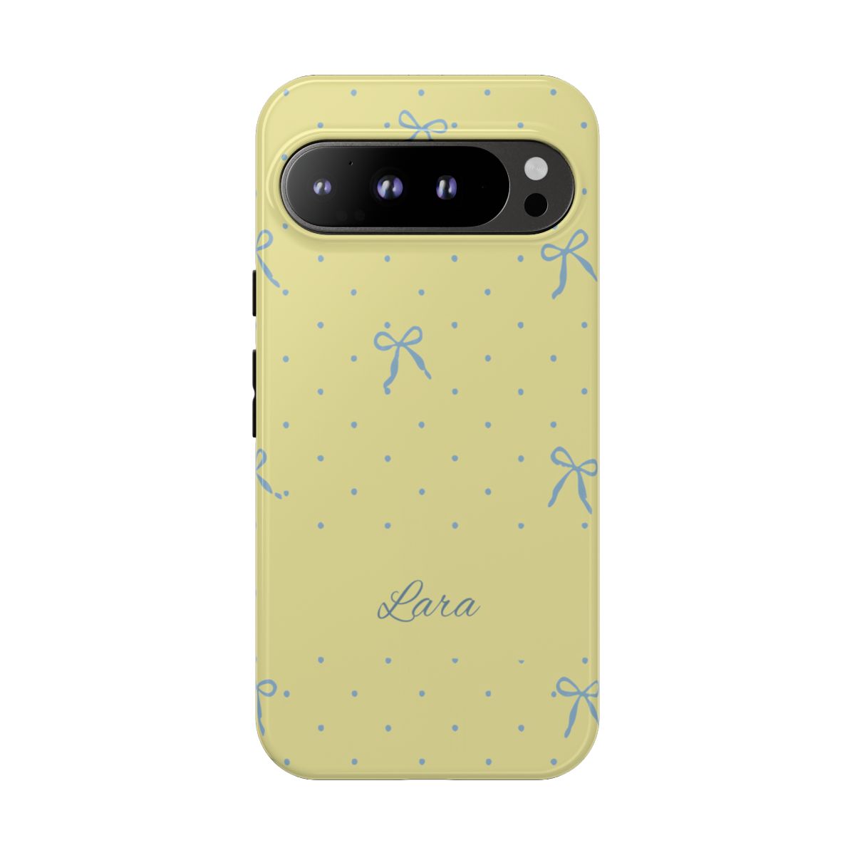 Personalized Yellow Bow Phone Case – Custom Name Blue Polka Dot Aesthetic