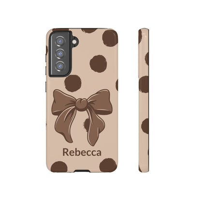 Personalized Brown Polka Dot Bow Phone Case – Custom Name Coquette Retro Aesthetic