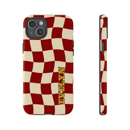 Personalized Burgundy Checkered Phone Case – Custom Name Wavy Retro Aesthetic