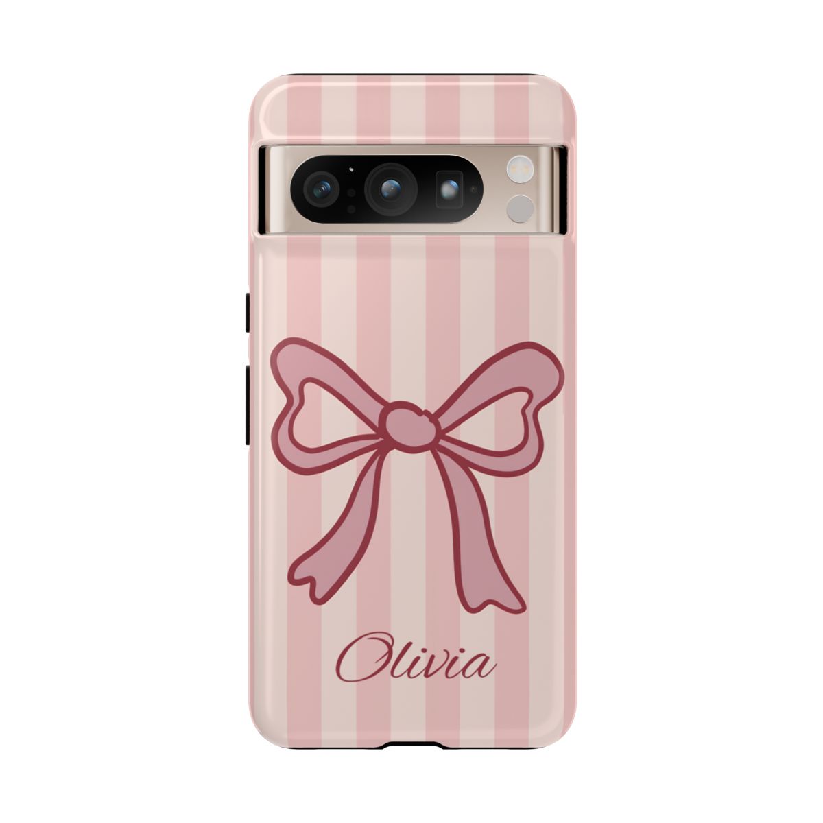 Personalized Pink Bow Phone Case – Soft Pastel Striped Coquette Aesthetic