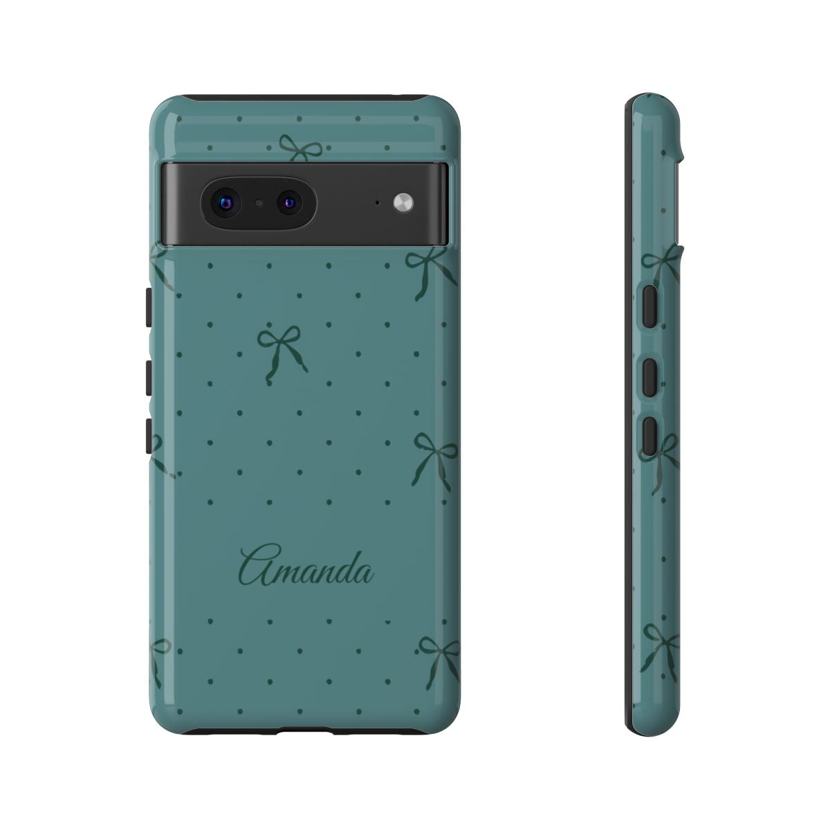 Personalized Teal Bow Phone Case – Custom Name Coquette Polka Dot Aesthetic