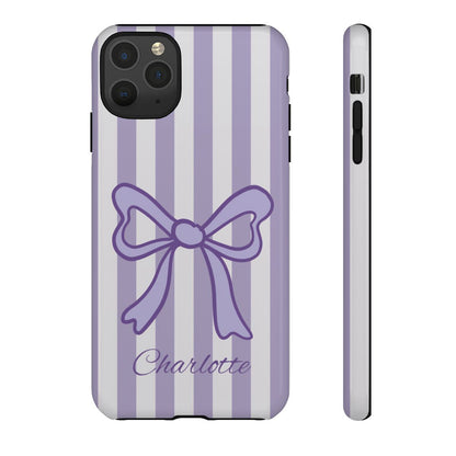 Personalized Lavender Bow Phone Case – Purple Striped Coquette Ribbon Aesthetic