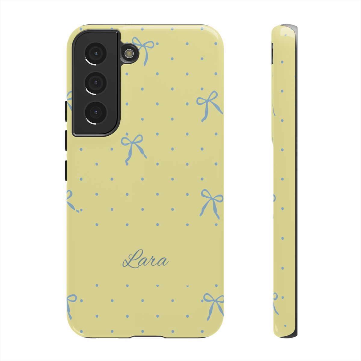 Personalized Yellow Bow Phone Case – Custom Name Blue Polka Dot Aesthetic