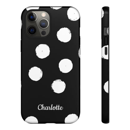 Personalized Black Polka Dot Phone Case – Custom Name Bold Monochrome Aesthetic