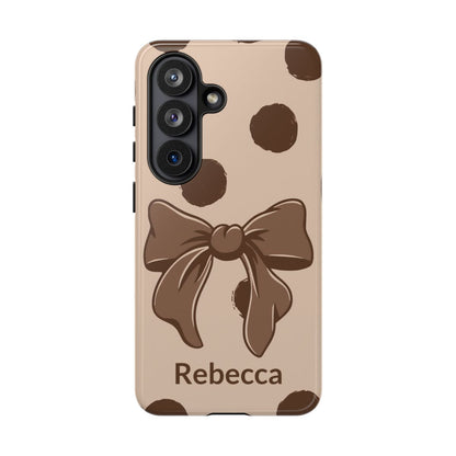 Personalized Brown Polka Dot Bow Phone Case – Custom Name Coquette Retro Aesthetic