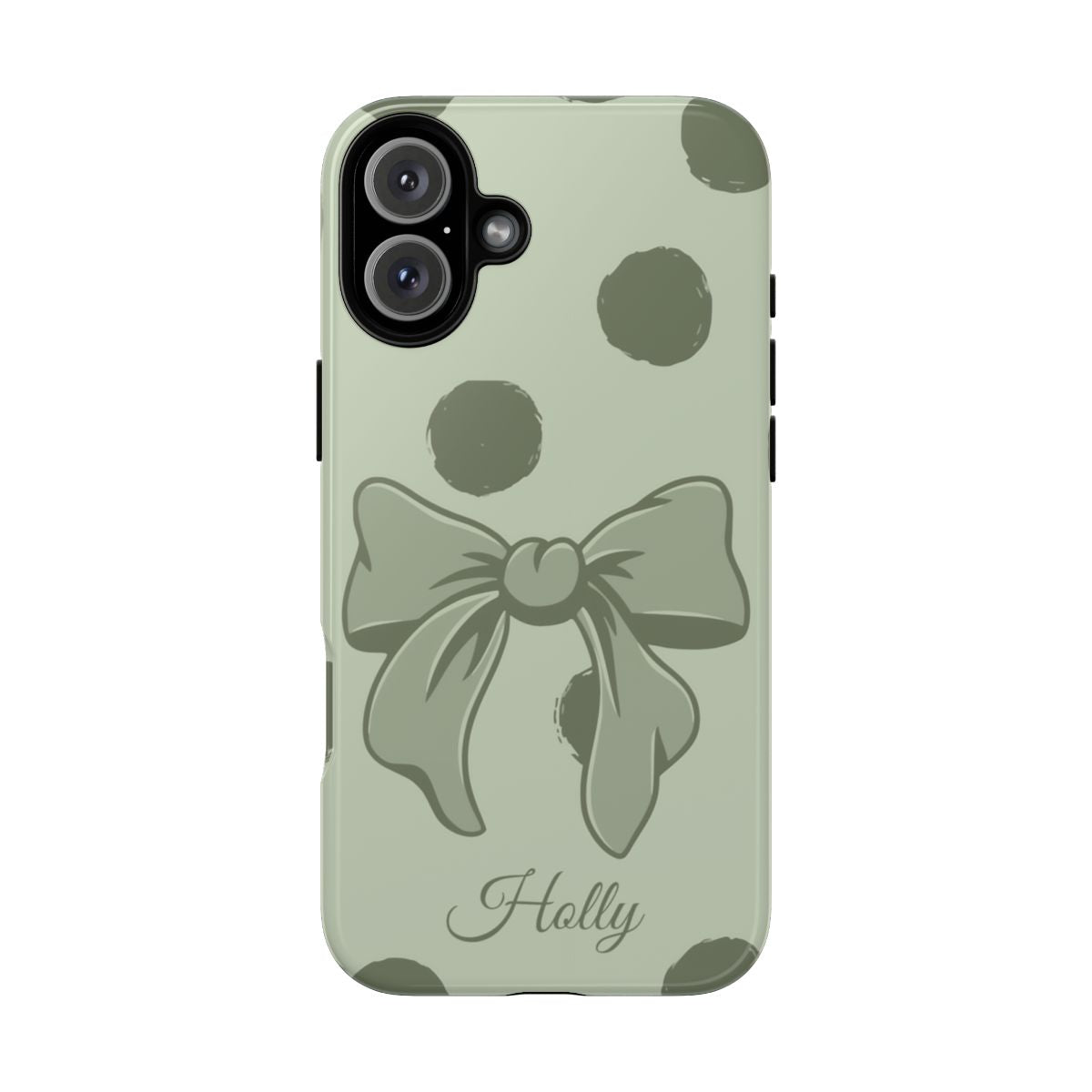 Personalized Sage Green Polka Dot Bow Phone Case – Custom Name Coquette Aesthetic