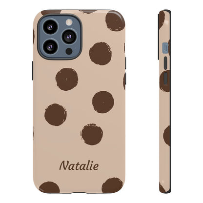 Personalized Brown Polka Dot Phone Case – Custom Name Neutral Boho Aesthetic
